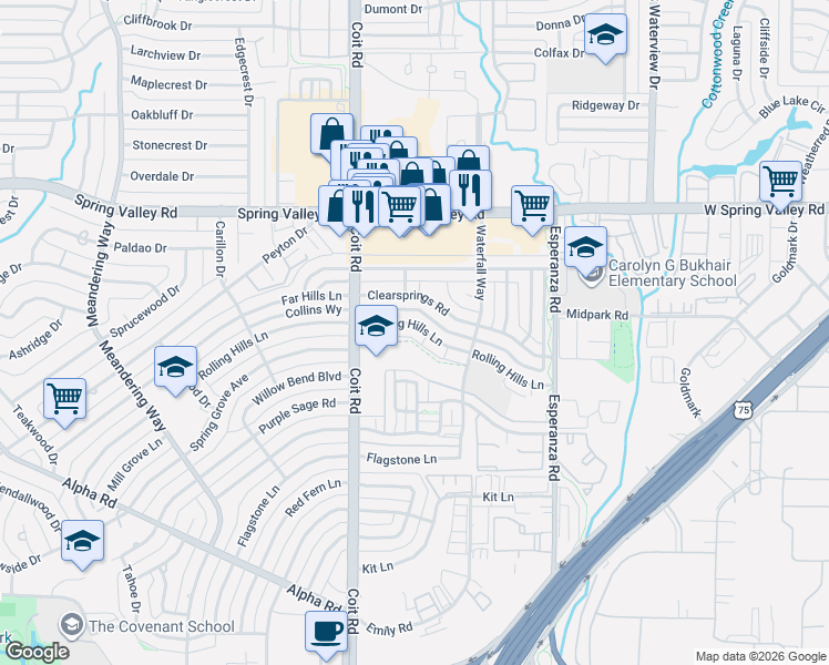 map of restaurants, bars, coffee shops, grocery stores, and more near 13860 Rolling Hills Lane in Dallas