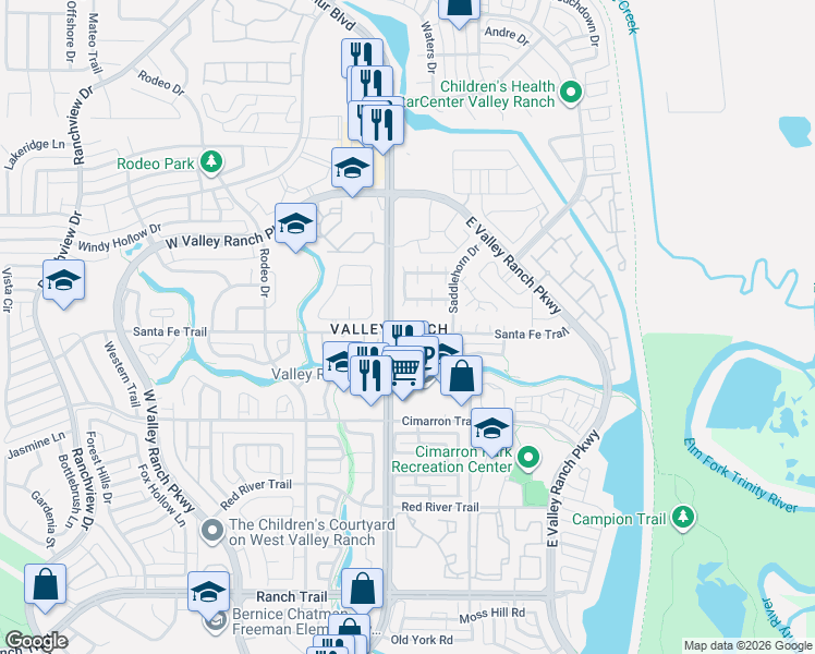 map of restaurants, bars, coffee shops, grocery stores, and more near 400 Santa Fe Trail in Irving