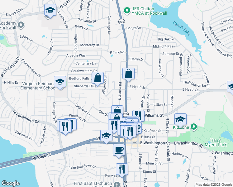 map of restaurants, bars, coffee shops, grocery stores, and more near 404 Wildwood Lane in Rockwall