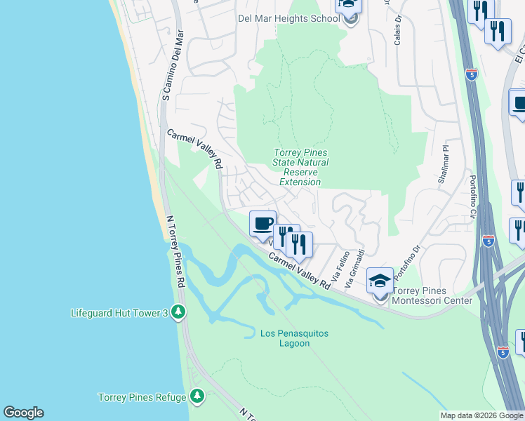 map of restaurants, bars, coffee shops, grocery stores, and more near 2225 Del Mar Scenic Parkway in Del Mar
