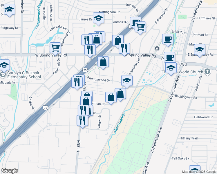 map of restaurants, bars, coffee shops, grocery stores, and more near 333 Prestonwood Drive in Richardson