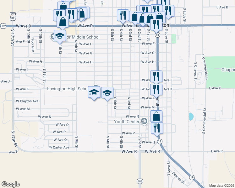 map of restaurants, bars, coffee shops, grocery stores, and more near 1300-1302 South 5th Street in Lovington