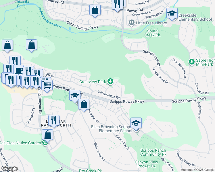map of restaurants, bars, coffee shops, grocery stores, and more near 11404 Village Ridge Road in San Diego