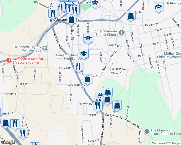 map of restaurants, bars, coffee shops, grocery stores, and more near 140 Willow Drive in Alexander City