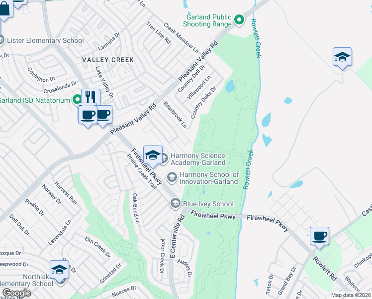 map of restaurants, bars, coffee shops, grocery stores, and more near 2201 Forestbrook Drive in Garland