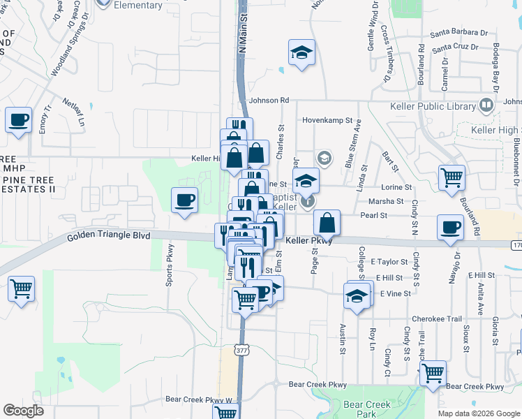 map of restaurants, bars, coffee shops, grocery stores, and more near 127 Minnie Street in Keller