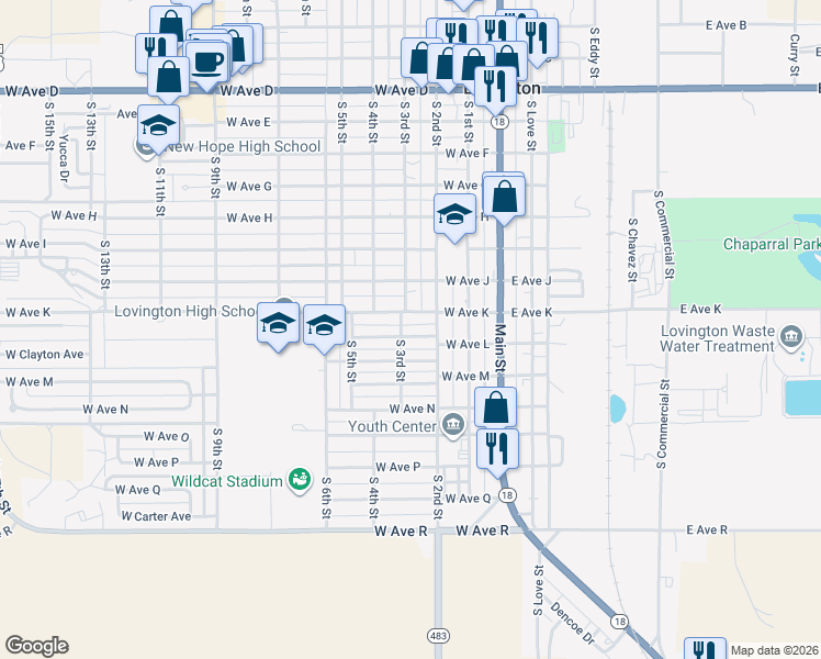 map of restaurants, bars, coffee shops, grocery stores, and more near 203 W Avenue L in Lovington