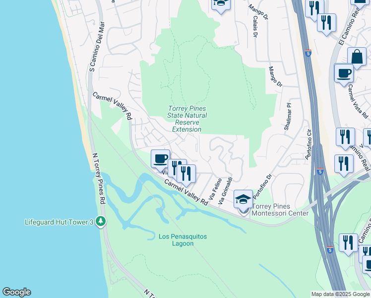 map of restaurants, bars, coffee shops, grocery stores, and more near 12897 Caminito De Las Olas in Del Mar
