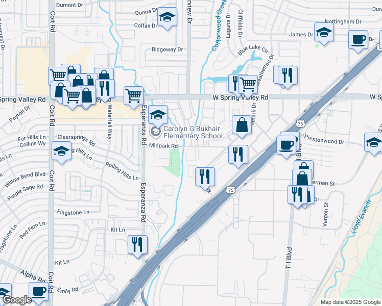 map of restaurants, bars, coffee shops, grocery stores, and more near 8550 Midpark Road in Dallas