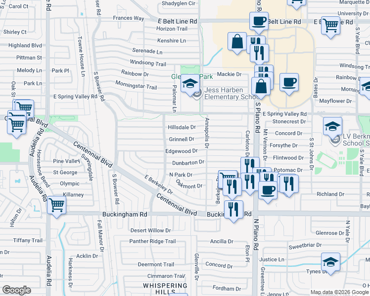 map of restaurants, bars, coffee shops, grocery stores, and more near 1102 Edgewood Drive in Richardson
