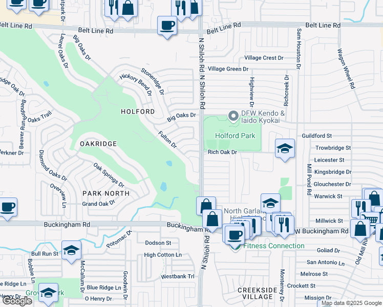map of restaurants, bars, coffee shops, grocery stores, and more near 2213 Fulton Drive in Garland