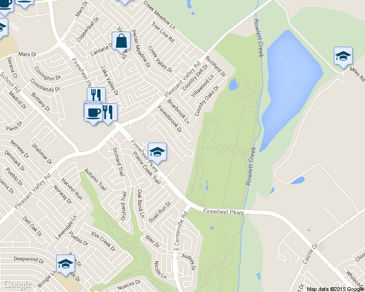 map of restaurants, bars, coffee shops, grocery stores, and more near 2210 Country Hollow Lane in Garland