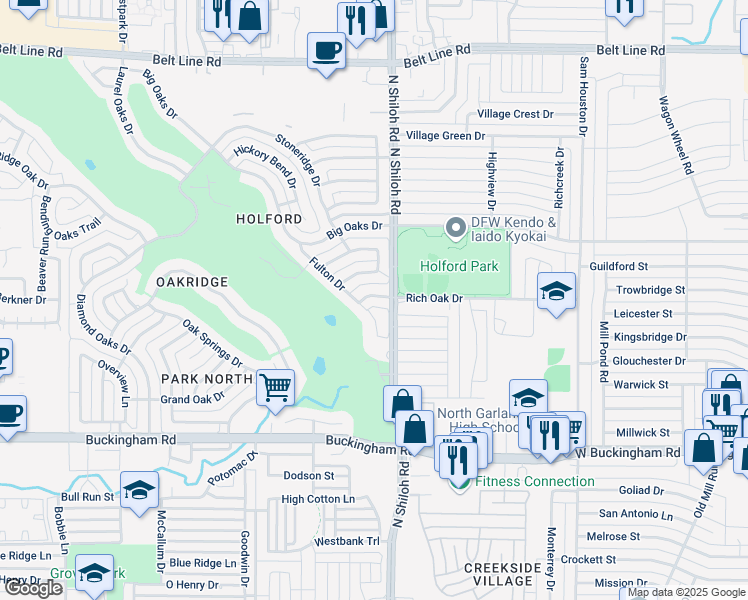 map of restaurants, bars, coffee shops, grocery stores, and more near 2213 Fulton Drive in Garland