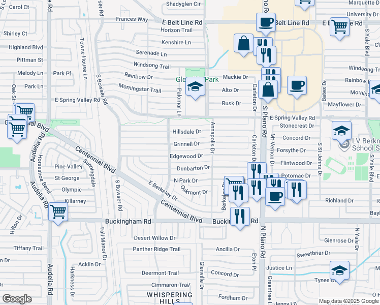 map of restaurants, bars, coffee shops, grocery stores, and more near 1102 Edgewood Drive in Richardson