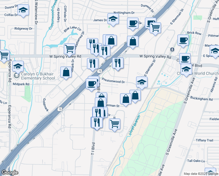 map of restaurants, bars, coffee shops, grocery stores, and more near 613 Anglewood Drive in Richardson