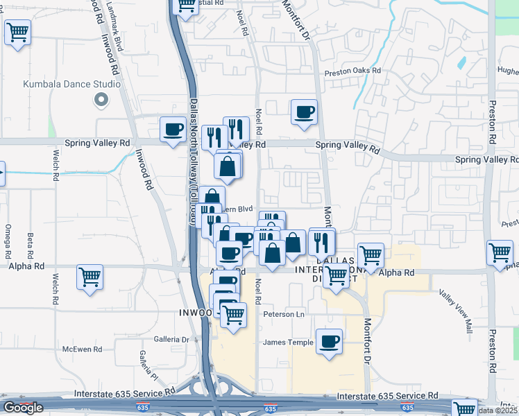 map of restaurants, bars, coffee shops, grocery stores, and more near 13770 Noel Road in Dallas