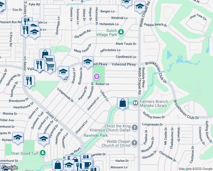 map of restaurants, bars, coffee shops, grocery stores, and more near 13927 Janwood Lane in Farmers Branch