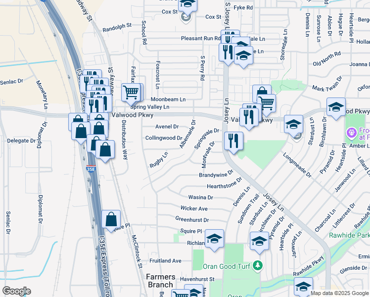 map of restaurants, bars, coffee shops, grocery stores, and more near 2589 Springvale Lane in Farmers Branch