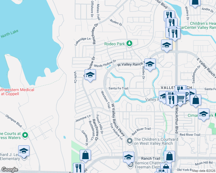 map of restaurants, bars, coffee shops, grocery stores, and more near 9440 Western Trail in Irving