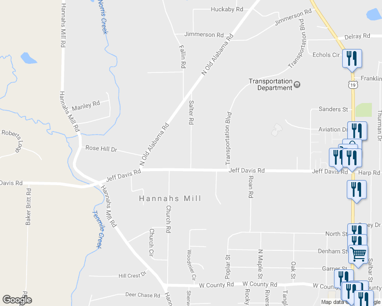 map of restaurants, bars, coffee shops, grocery stores, and more near 120 Salter Road in Thomaston