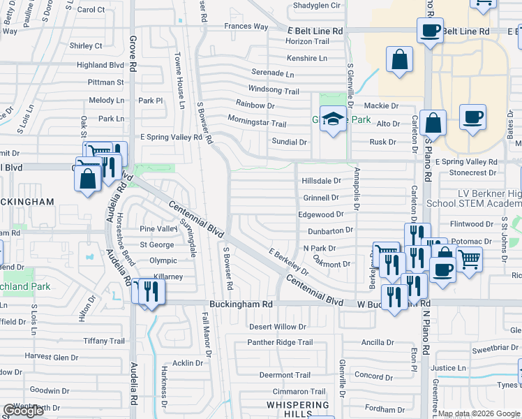 map of restaurants, bars, coffee shops, grocery stores, and more near 906 Edgewood Drive in Richardson