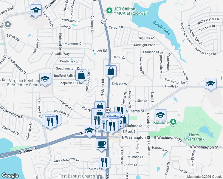 map of restaurants, bars, coffee shops, grocery stores, and more near 801 North Goliad Street in Rockwall