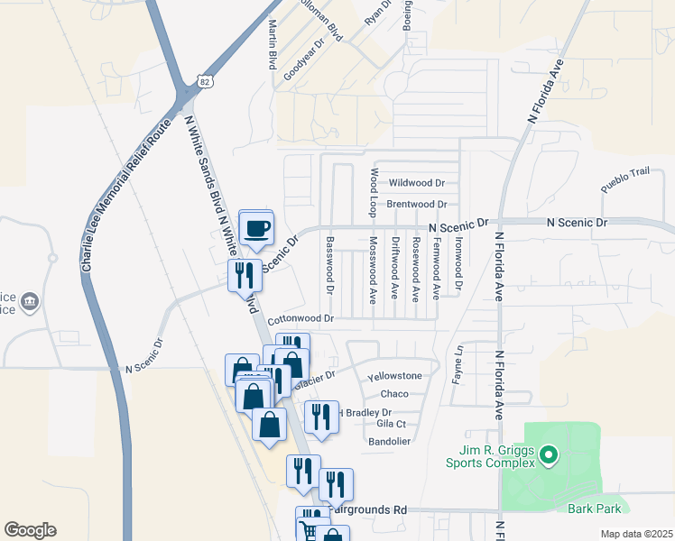 map of restaurants, bars, coffee shops, grocery stores, and more near 3600 Basswood Drive in Alamogordo