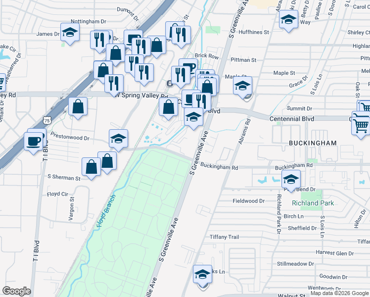 map of restaurants, bars, coffee shops, grocery stores, and more near 932 South Greenville Avenue in Richardson