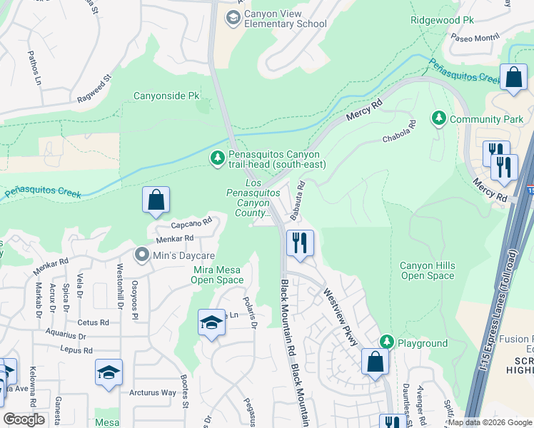 map of restaurants, bars, coffee shops, grocery stores, and more near 11926 Black Mountain Road in San Diego