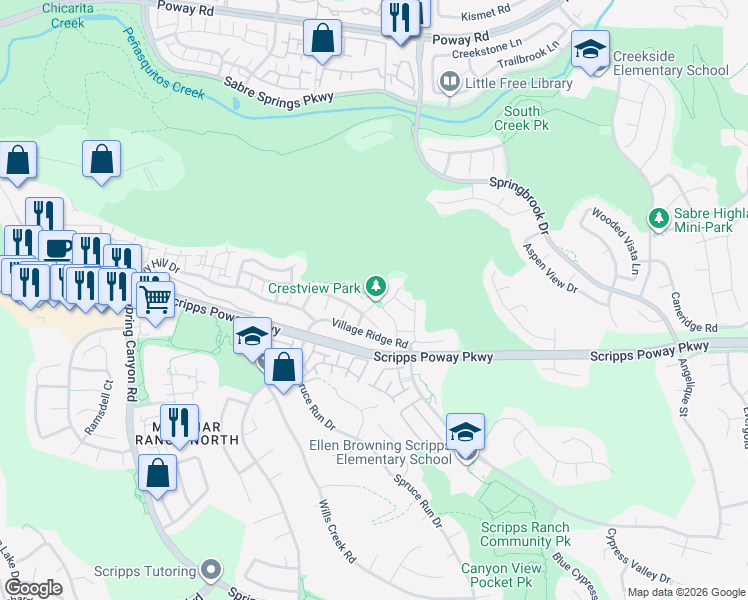 map of restaurants, bars, coffee shops, grocery stores, and more near 11466 Village Ridge Road in San Diego