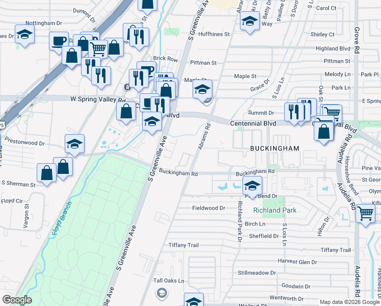 map of restaurants, bars, coffee shops, grocery stores, and more near 920 Abrams Road in Richardson