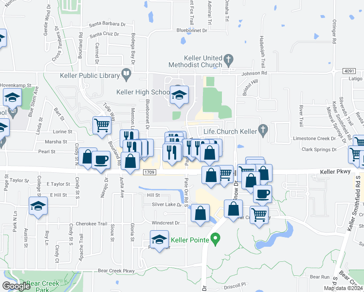 map of restaurants, bars, coffee shops, grocery stores, and more near 837 Keller Parkway in Keller