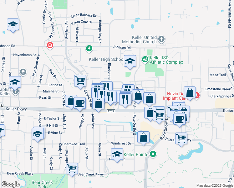 map of restaurants, bars, coffee shops, grocery stores, and more near 730 Bluebonnet Drive in Keller
