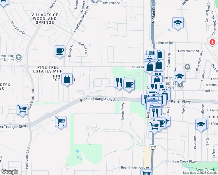 map of restaurants, bars, coffee shops, grocery stores, and more near 5640 Keller Ranch Road in Fort Worth