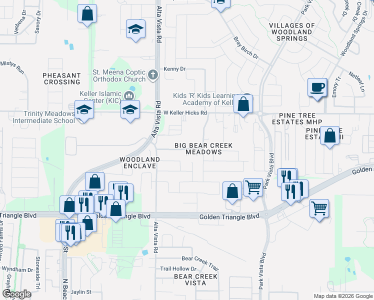 map of restaurants, bars, coffee shops, grocery stores, and more near 3741 Trillium Drive in Fort Worth