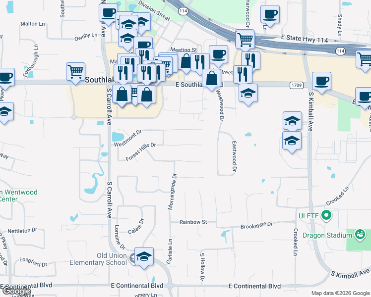 map of restaurants, bars, coffee shops, grocery stores, and more near 1306 Kings Brook Court in Southlake