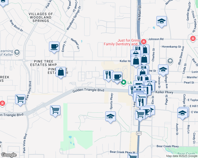 map of restaurants, bars, coffee shops, grocery stores, and more near in Keller