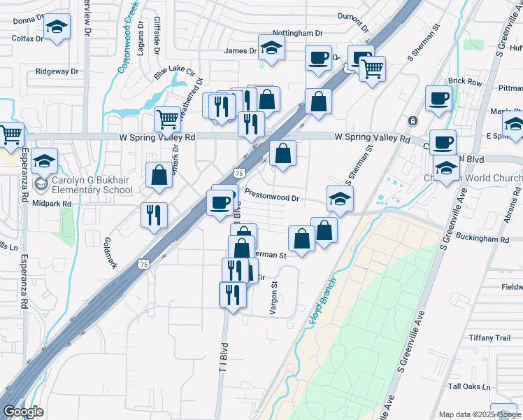 map of restaurants, bars, coffee shops, grocery stores, and more near 613 Clearwood Drive in Richardson
