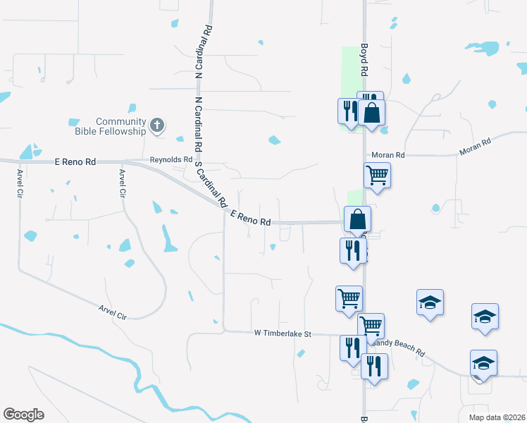 map of restaurants, bars, coffee shops, grocery stores, and more near 1565 East Reno Road in Azle
