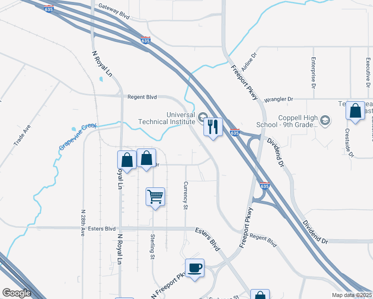 map of restaurants, bars, coffee shops, grocery stores, and more near Unnamed Road in Irving
