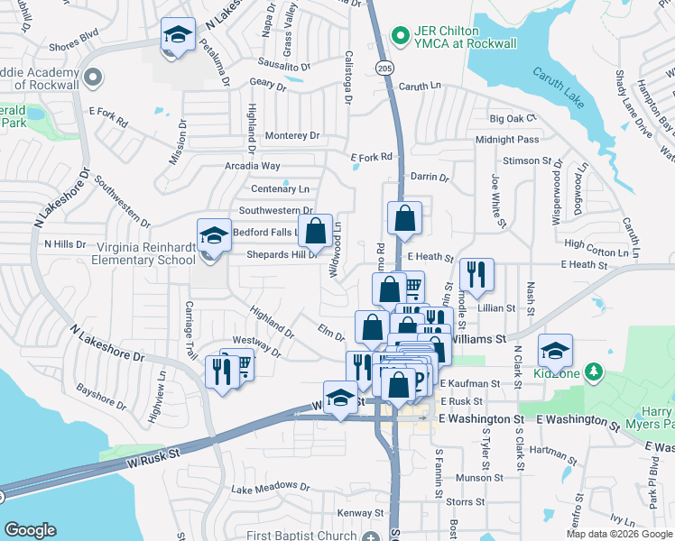 map of restaurants, bars, coffee shops, grocery stores, and more near 302 Shepards Hill Drive in Rockwall