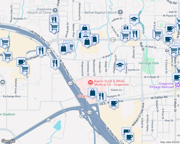 map of restaurants, bars, coffee shops, grocery stores, and more near 421 Crestview Drive in Grapevine