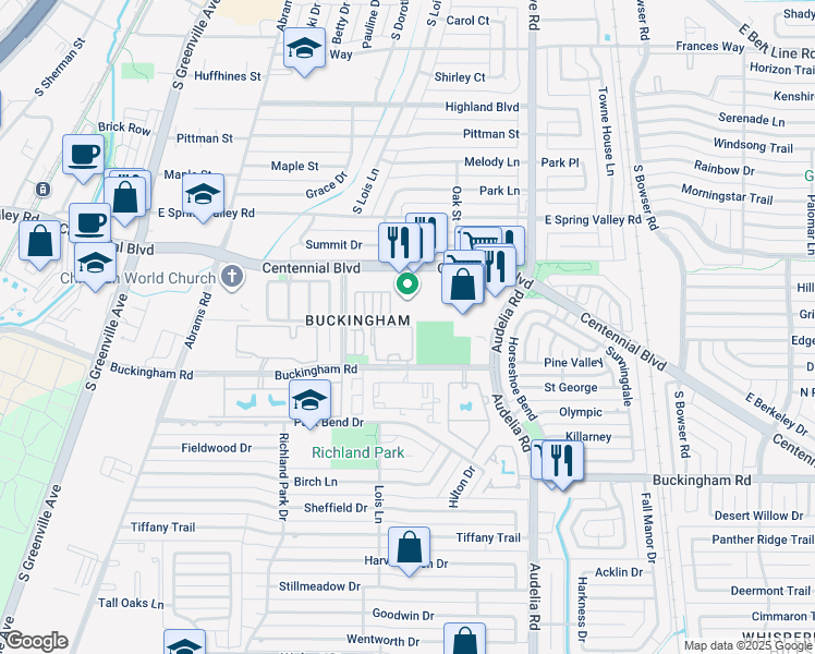 map of restaurants, bars, coffee shops, grocery stores, and more near 522 Centennial Boulevard in Richardson
