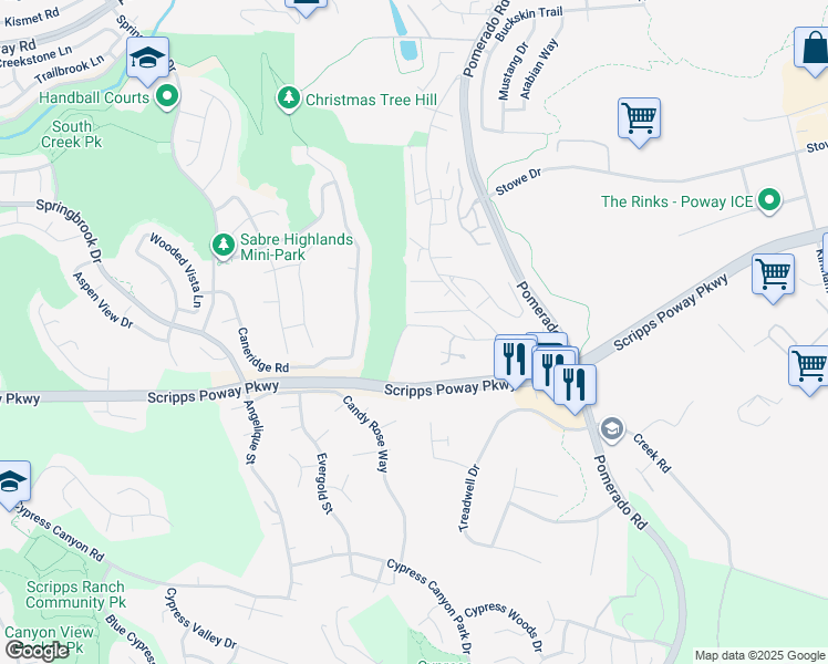 map of restaurants, bars, coffee shops, grocery stores, and more near 12010 Old Pomerado Road in Poway