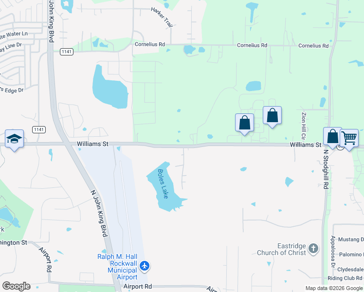 map of restaurants, bars, coffee shops, grocery stores, and more near 2185 Williams Street in Rockwall