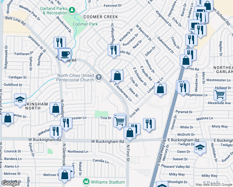map of restaurants, bars, coffee shops, grocery stores, and more near 304 Belt Line Road in Garland