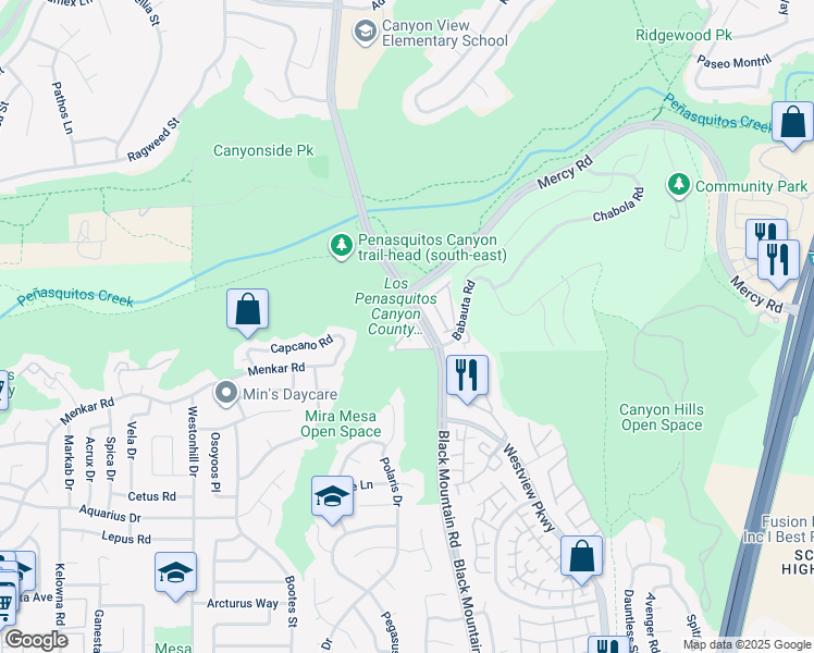 map of restaurants, bars, coffee shops, grocery stores, and more near 12020 Black Mountain Road in San Diego