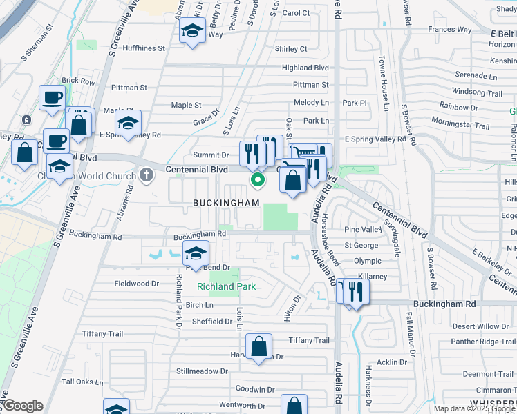 map of restaurants, bars, coffee shops, grocery stores, and more near 522 Centennial Boulevard in Richardson
