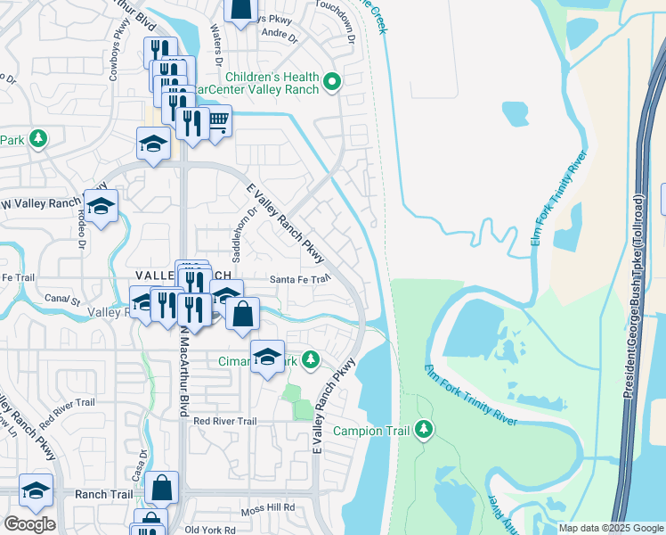 map of restaurants, bars, coffee shops, grocery stores, and more near 9492 Valley Ranch Parkway East in Irving