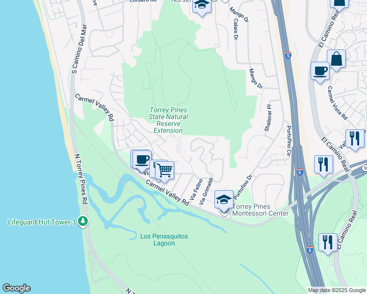 map of restaurants, bars, coffee shops, grocery stores, and more near 13045 Via Esperia in Del Mar